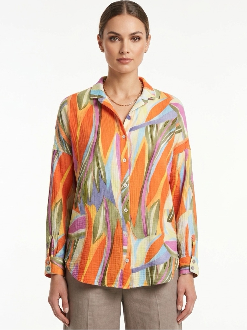 Soft Surroundings abstract gauze cotton relaxed button front shirt top M orange